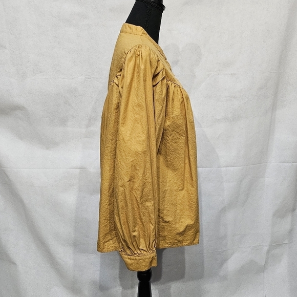 Oversized Gathered Yoke Line Mustard Button Up Blouse 100% Cotton Size Lg - Picture 6 of 7